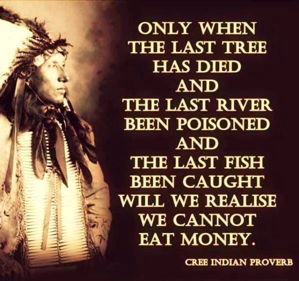 Only when the last tree has died and the last river been poisoned And the last fish been caught will we realise we cannot eat money. - Cree Indian Proverb