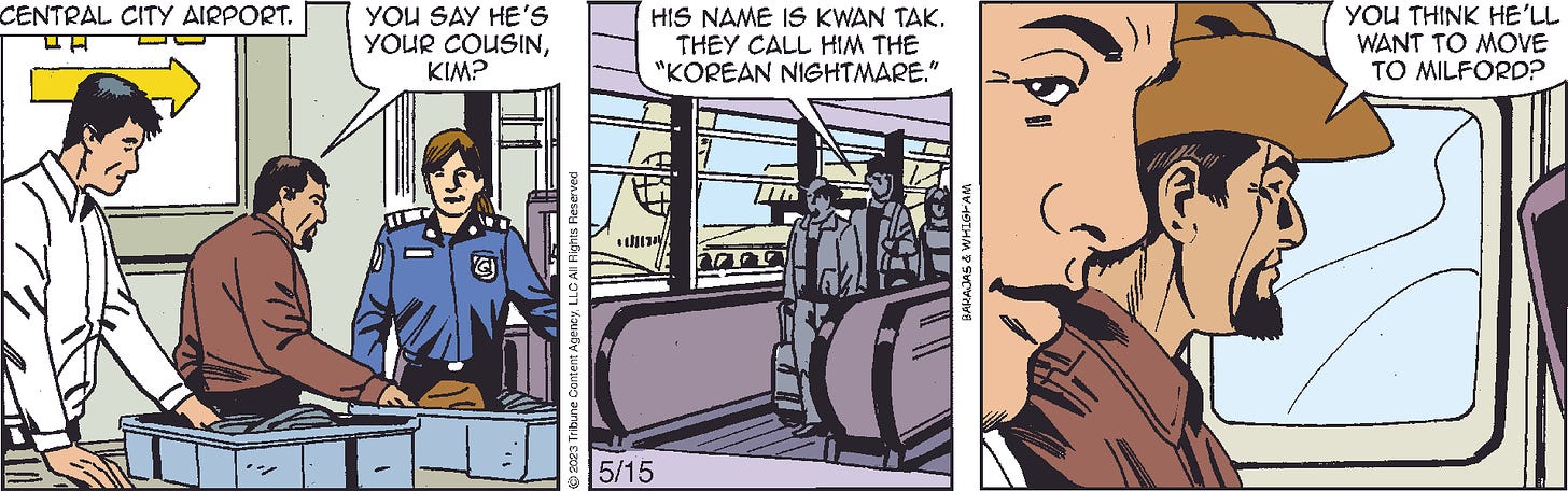 panel one: Paul Kim and Luke Martinez go through TSA. Paul is wearing a white button-up, and Luke is wearing an all-brown cowboy outfit. Panel two: Paul and Luke exit the moving walkway. Panel three: Paul and Luke are sitting in the aircraft.