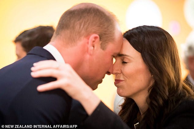 FRIENDS: The pair have shown their close bond before, when Prince William (pictured, left) greeted Jacinda (pictured, right) with a traditional Maori touch of the noses called a hongi during a two-day visit to New Zealand in 2019