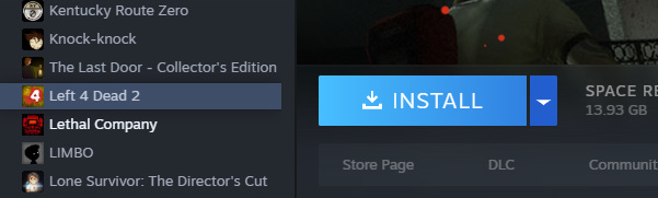 A screenshot from my own Steam Library, hovering over the INSTALL button the L4D2 page.