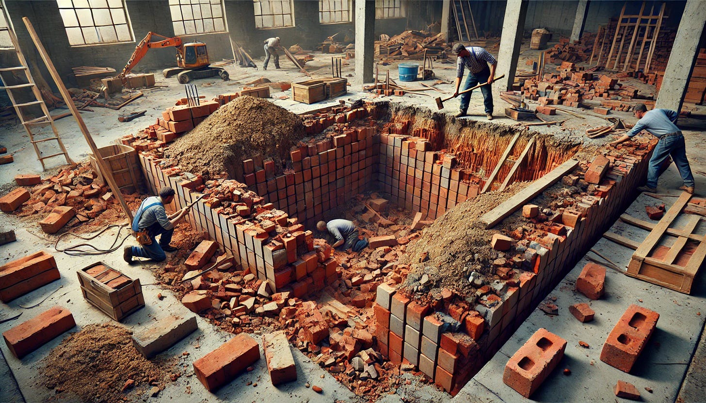 A realistic depiction of a foundation being deconstructed, showing red and brown bricks being carefully removed by workers with tools like hammers and chisels. The scene includes scattered debris, dust, and a partially exposed foundation area. The environment is well-lit, with attention to detail in the brick textures and surrounding area. The background features some construction equipment and a neutral setting. The image is framed in 16:9 format.