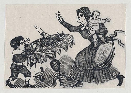 Black-and-white engraving of a boy tipping over a table while his mother, holding a baby, rushes over to help