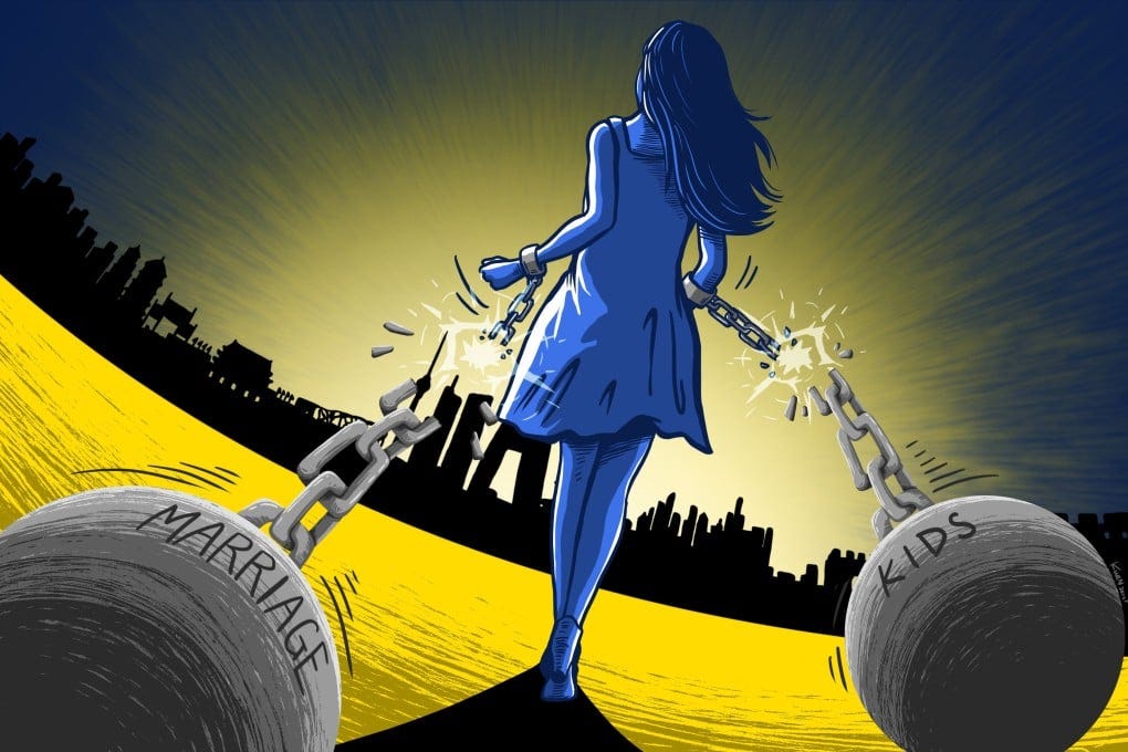 Many of China’s Gen Z women are looking to break free from the shackles of marriage and children, to live for themselves. Illustration: Kakuen Lau