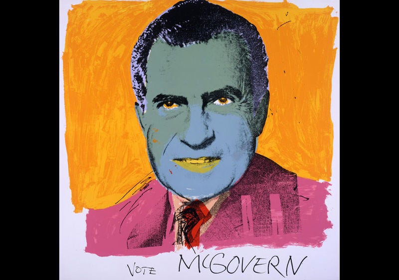 A colorful silkscreen print that features a distorted portrait of Richard Nixon with the slogan "Vote McGovern" beneath it.