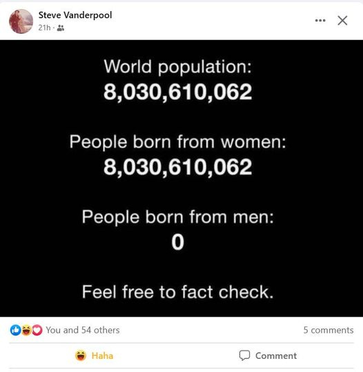 May be an image of text that says 'Steve Vanderpool 21h World population: 8,030,610,062 People born from women: 8,030,610,062 People born from men: 0 Feel free to fact check You and 54 others Haha 5 comments Comment'