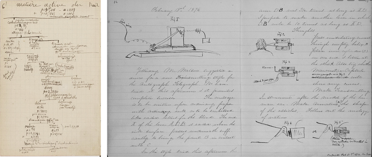 Left: Marie & Pierre Curie’s notes on “concentrating the radioactive substance”, Right: Alexander Graham Bell’s notes on “converting mechanical motion to electrical currents.” Left: Marie & Pierre Curie’s notes on “concentrating the radioactive substance”, Right: Alexander Graham Bell’s notes on “converting mechanical motion to electrical currents.”