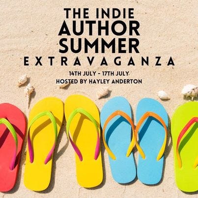 Graphic for the Indie Author Summer Extravanganza, showing flip-flops on a beach.