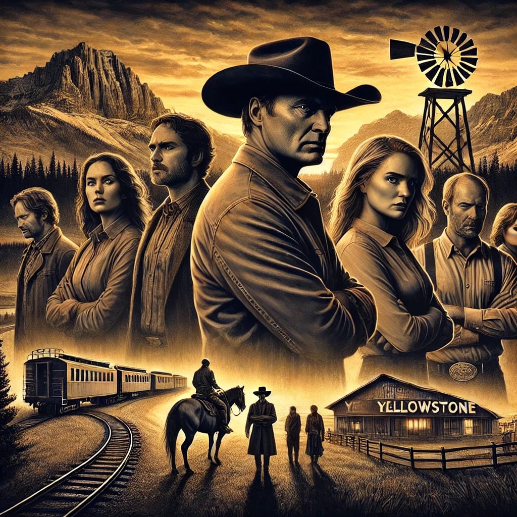 A dramatic illustration of the Yellowstone Ranch set against a rugged Montana landscape at sunset, with the Dutton family members standing apart from each other in the foreground, symbolizing their strained relationships. John Dutton, the patriarch, stands stoically with his cowboy hat, while Beth stands fiercely with sharp confidence, Jamie appears conflicted and brooding, and Kayce looks torn between two worlds. Subtle imagery of a "train station" in the distance hints at the family’s dark secrets, while the ranch branding iron and branded cowboys are faintly visible, symbolizing loyalty and entrapment. The overall tone is dramatic and reflective of the family's psychological complexity.