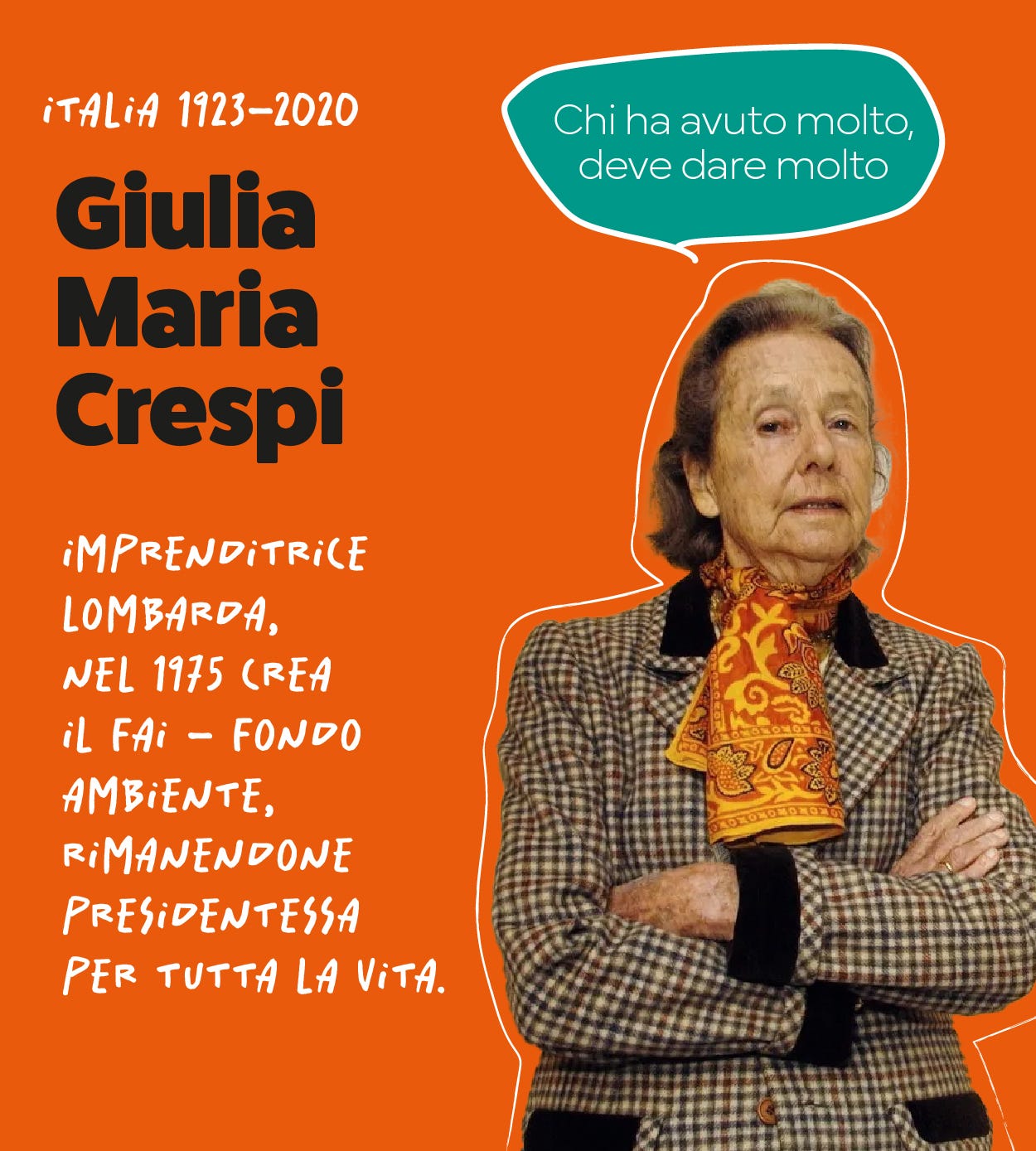 Giulia Maria Crespi. imprenditrice  lombarda, nel 1975 crea il fai - fondo  ambiente,  rimanendone  presidentessa per tutta la vita.