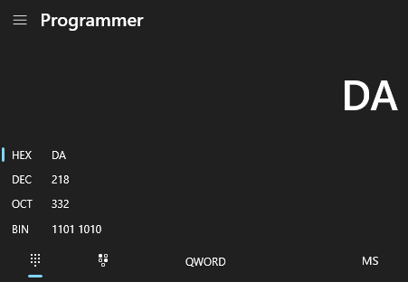 programmer calculator showing 1101 1010 in hex
