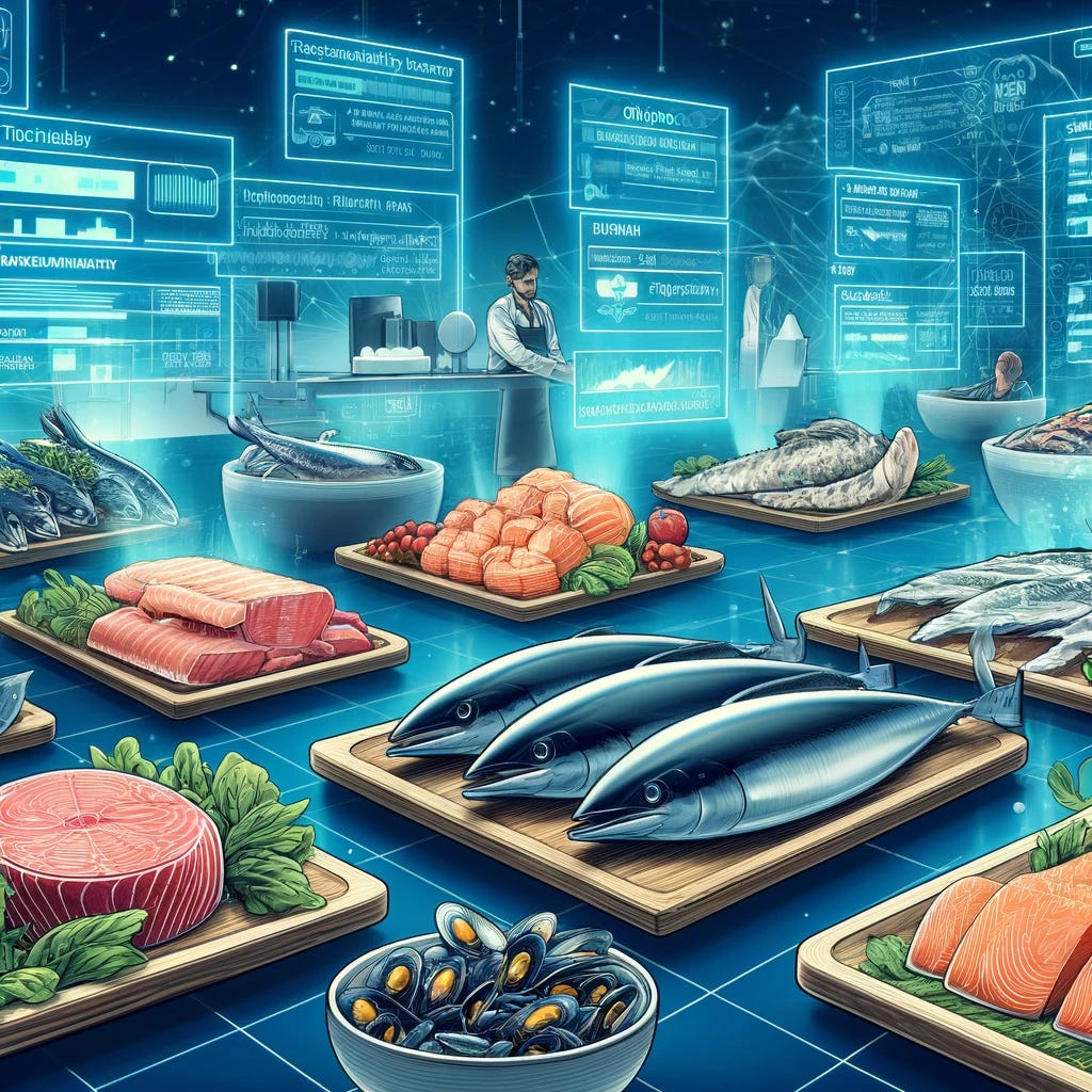 A detailed and engaging illustration showcasing the use of blockchain technology in the seafood industry. The image features an array of seafood products such as tuna, mussels, salmon, anchovy, and cod, each displayed on a digital interface symbolizing blockchain applications. These interfaces show traceability data, origins, and sustainability ratings, highlighting how blockchain is utilized to enhance transparency and quality in seafood distribution. The setting is a modern seafood market, infused with digital screens and futuristic elements, illustrating the blend of traditional seafood selling and modern technology.