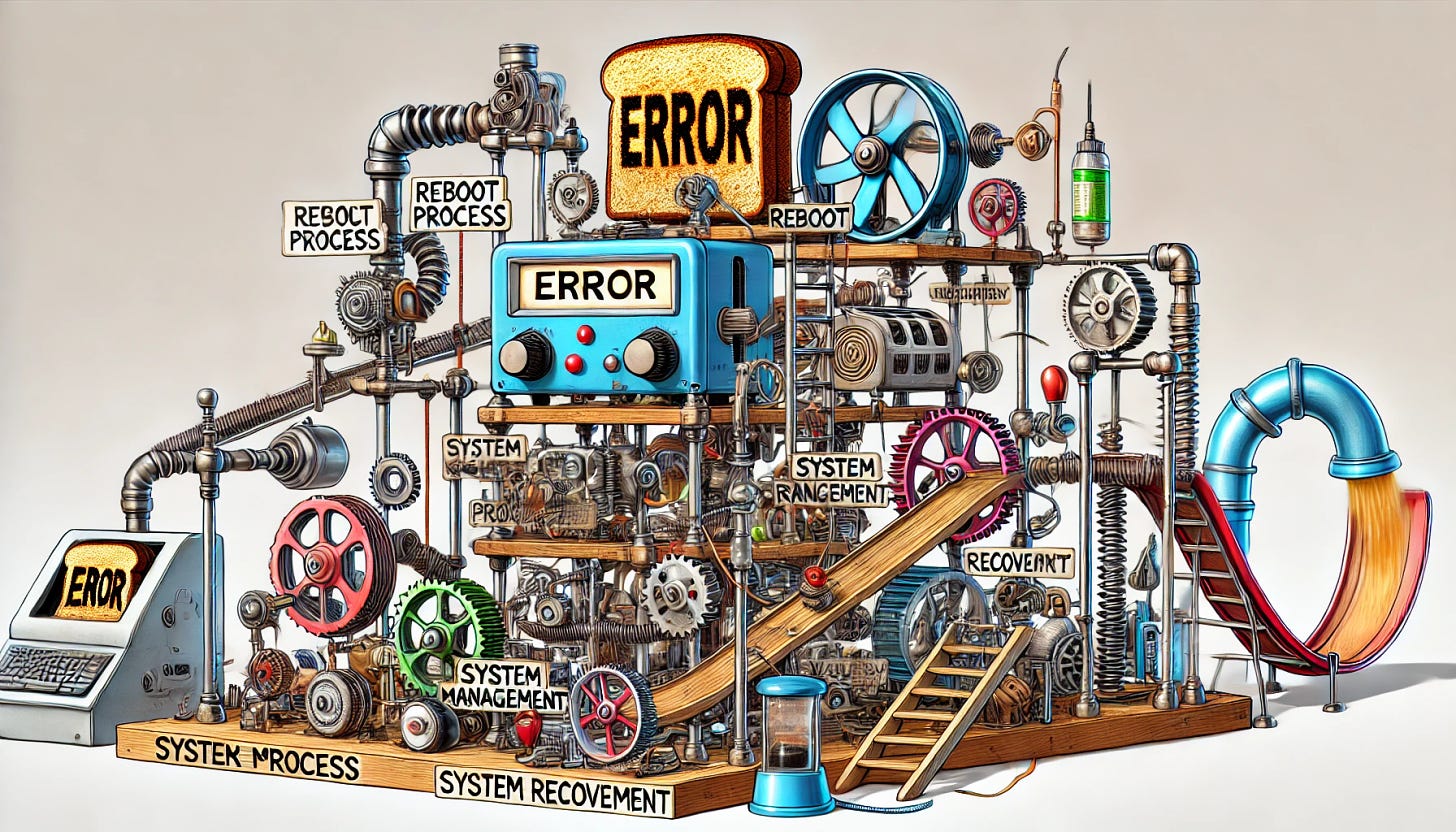 A humorous and intricate Rube Goldberg-style machine designed for rebooting a computer, featuring overly complicated components like pipes, gears, pulleys, and whirring gizmos. Labels on parts of the machine include 'Reboot Process,' 'Error Management,' and 'System Recovery.' At the end of the contraption, a toaster comically ejects a burnt slice of toast with the word 'Error' charred onto it. The scene is colorful, playful, and exaggerated, with a whimsical and cartoonish art style.