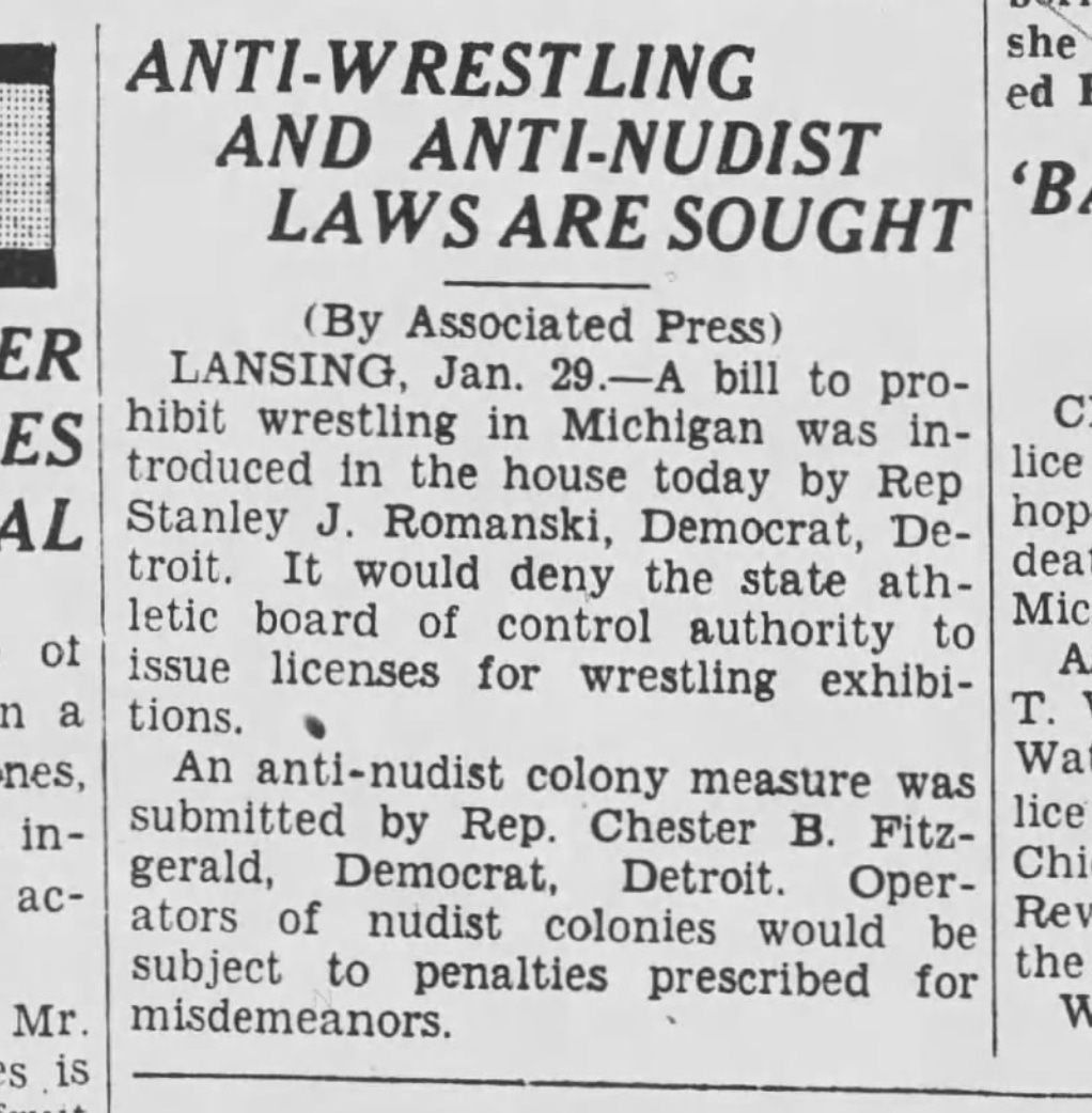 "Anti-wrestling and anti-nudist bills sought" The Herald-Palladium (Benton Harbor, Michigan) · 29 Jan 1935, Tue · Page 6