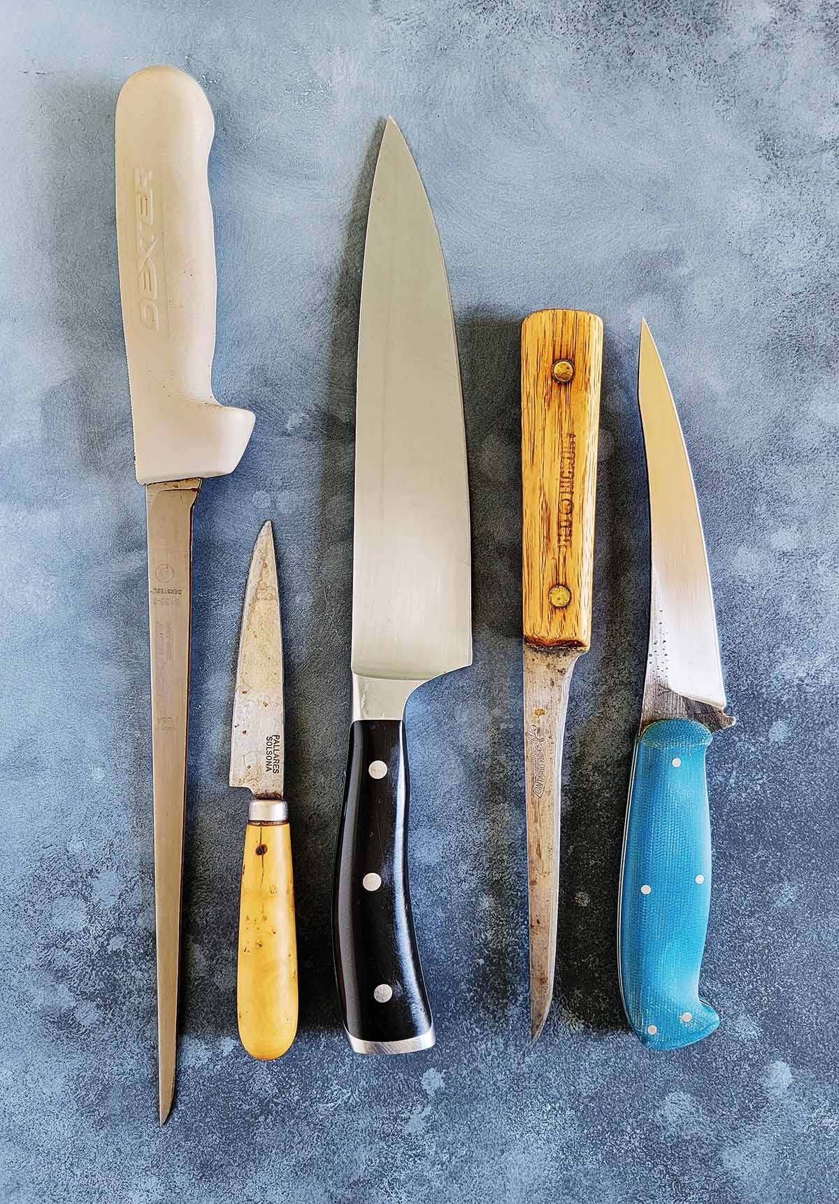 A selection of Hank Shaw's kitchen knives. 