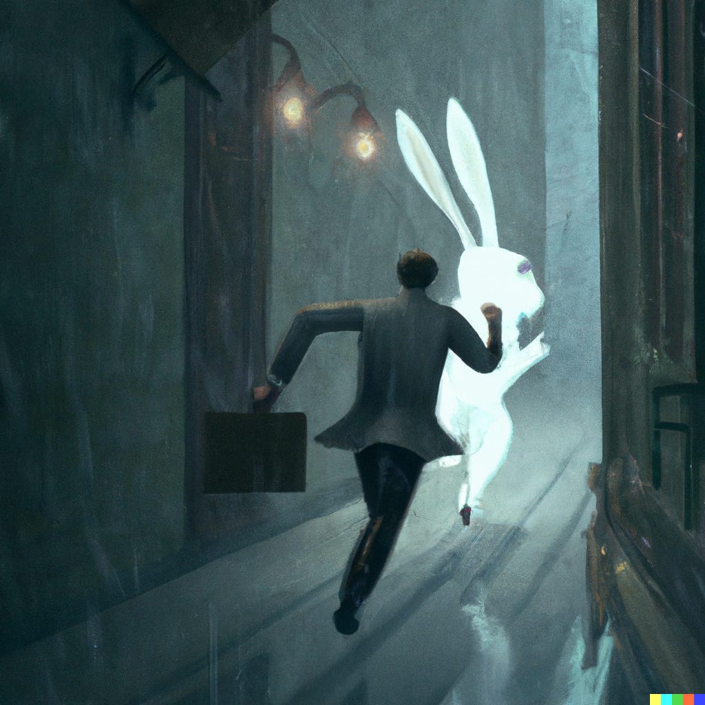 An investment banker chases a giant white rabbit down an alley