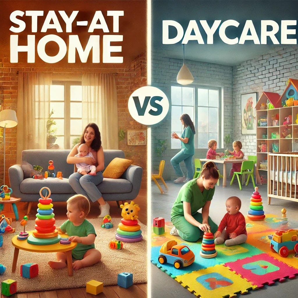 A highly realistic and detailed split-screen image comparing stay-at-home parenting and daycare. On the left, a mother with a clear and joyful expression is sitting on a cozy couch in a warmly lit living room, playing and laughing with her baby surrounded by colorful toys. On the right, a bright and organized daycare setting with a caregiver whose face is clear and welcoming, engaging with toddlers who are playing with educational toys like blocks and cars on a soft play mat. The center features bold, clear text reading 'Stay At Home vs Daycare' in a professional font. Both sides are vibrant, inviting, and showcase the distinct benefits of each scenario.