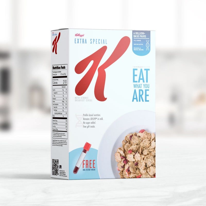 A box of Kellogg’s Extra Special K nutrigenomic cereal perfectly placed on a marble countertop in a brightly lit modern kitchen.