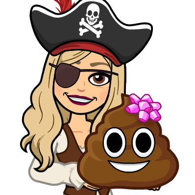 Bitmoji of the author in a pirate getup holding a grinning pile of dookie wrapped in a nice purple bow.
