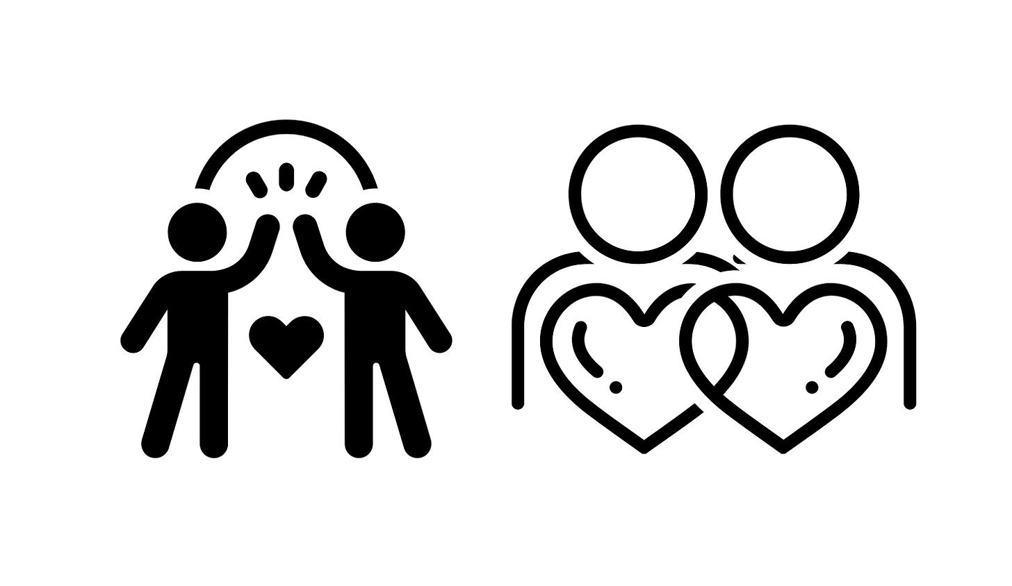 Black line side by side graphics of two people high fiving and two people with hearts on their torsos.