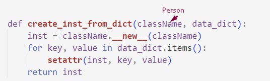 create_instance_from_dict function provides a generic way to create instances of any class from a dictionary. It works by creating a new instance using __new__() and then setting its attributes dynamically based on the key-value pairs in the input dictionary using setattr()