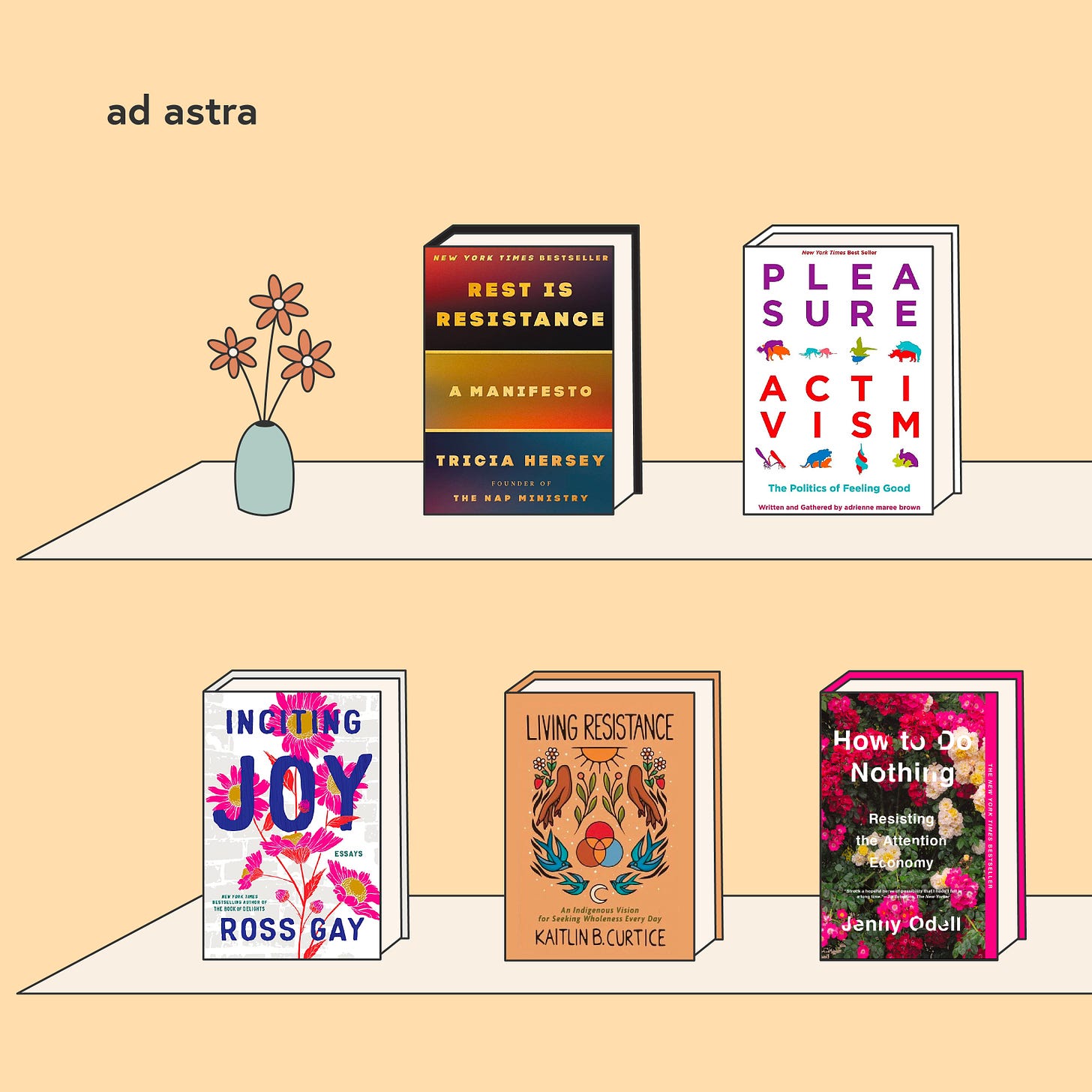 Two rows of bookshelves connecting between two graphics. On the top shelf: Rest Is Resistance; Pleasure Activism; Who Is Wellness For; Year of the Tiger. On the second shelf: Inciting Joy; Living Resistance; How to Do Nothing; Burnout; My Grandmother’s Hands; and How to Read Now