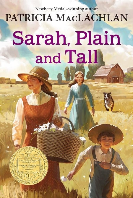 Illustrated book cover shows a smiling woman with a basket of flowers and a smiling girl and boy, walking along the prairie