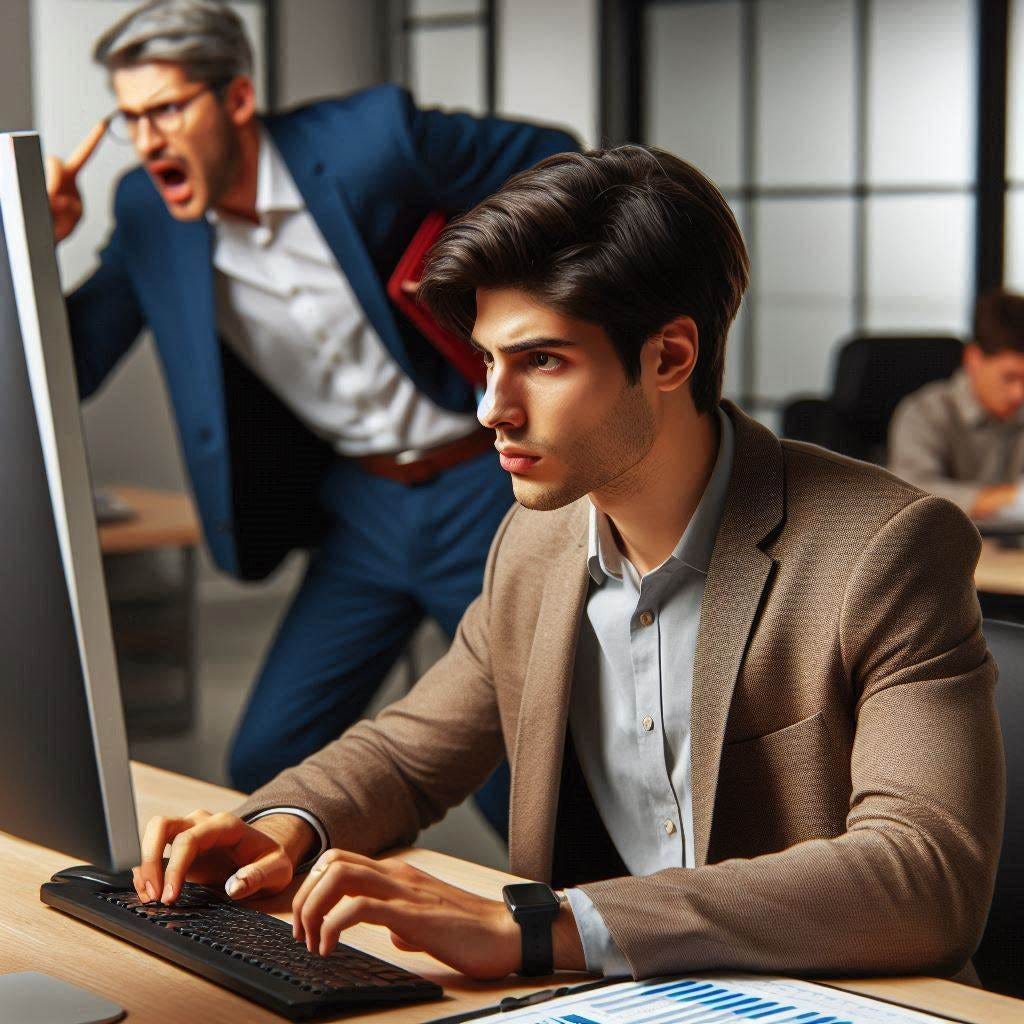 a young male BI professional analyses data on a PC while behind him the head of department runs from the room (we see him from behind as he exits the room) stressed at the data he just saw on the screen