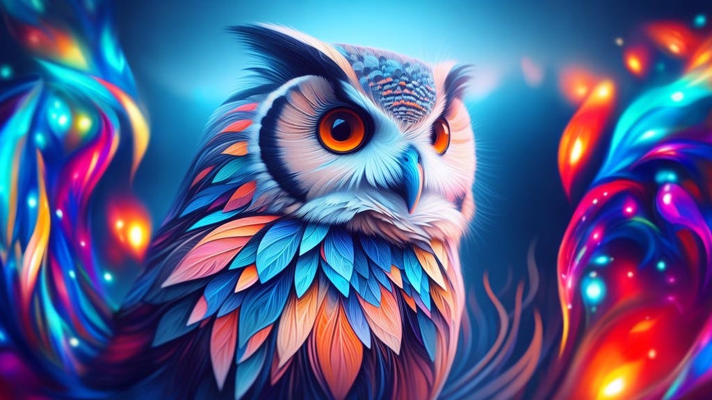 Colorful digital owl illustration with intricate feather patterns and swirling background