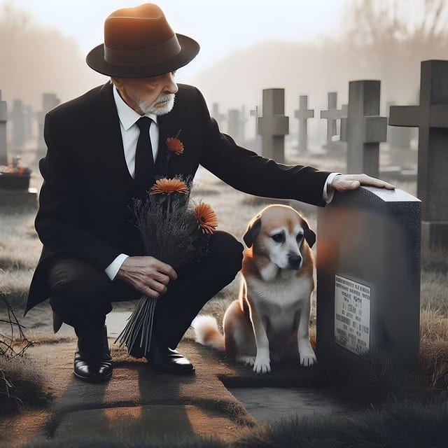 man with dog at gravesite