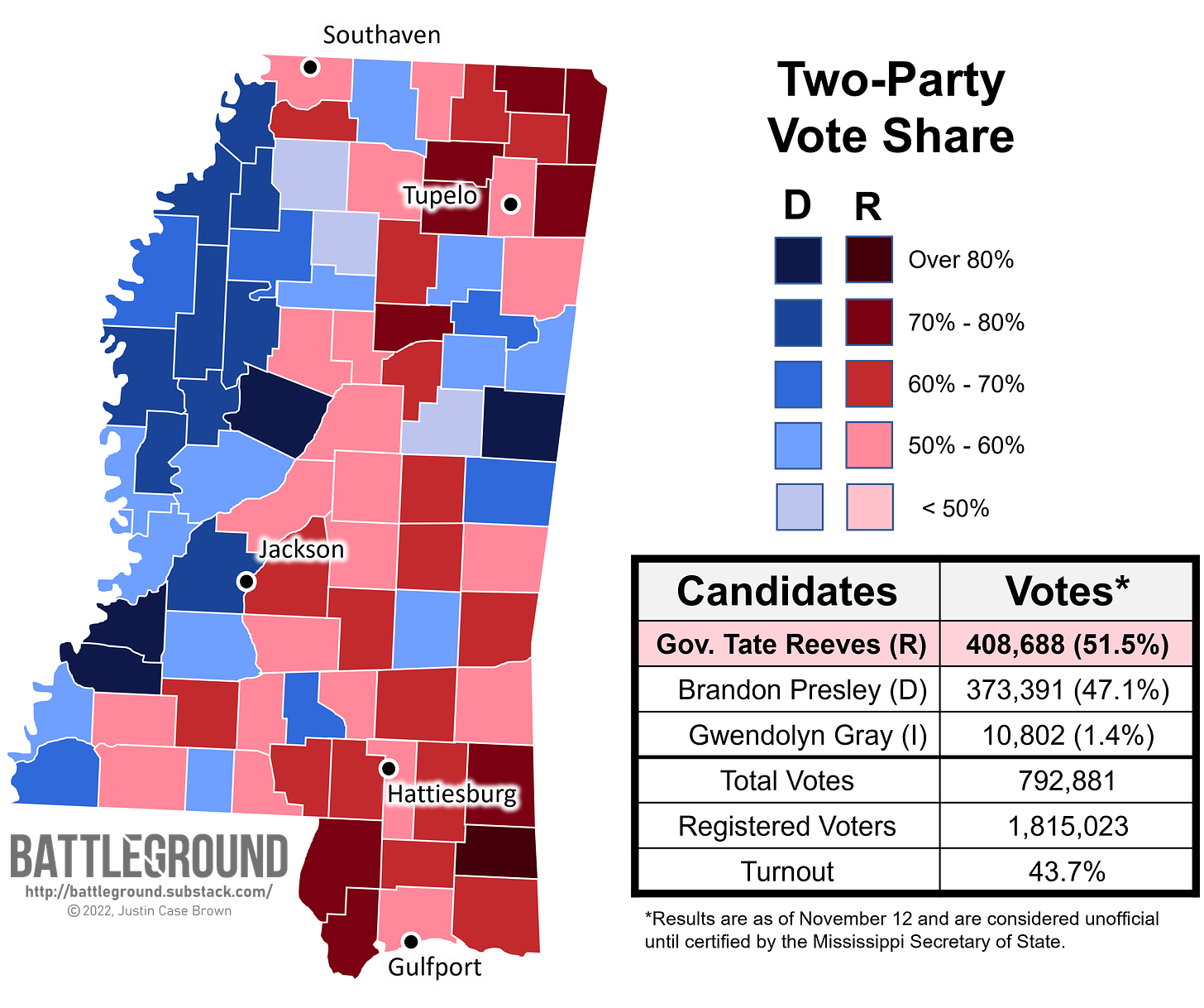 Mississippi 2023 Gubernatorial Voting Map Results