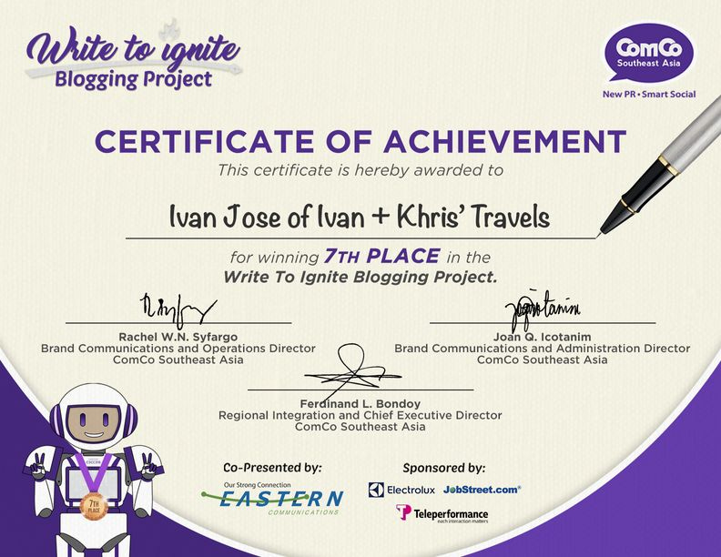 Certificate of Recognition for placing seventh overall in the recently-concluded Write to Ignite Blogging Project