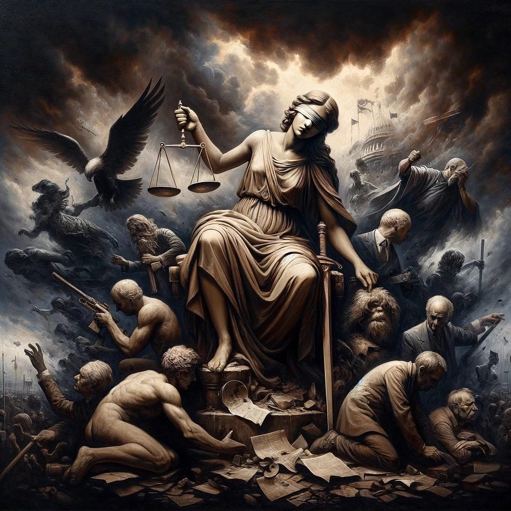 An allegorical painting titled 'The Death of Democracy'. It depicts a somber, dramatic scene where the central figure is a classical representation of Democracy, portrayed as a regal, robed woman with a blindfold, symbolizing impartiality, and holding a broken scale, representing justice. She is slumped over, symbolizing her defeat. Surrounding her are shadowy, abstract figures representing different societal elements like media, government, and public, depicted in a chaotic and disorderly manner. The background is a stormy sky, reflecting turmoil and despair. The color scheme is dominated by dark, muted tones to convey a sense of loss and mourning.