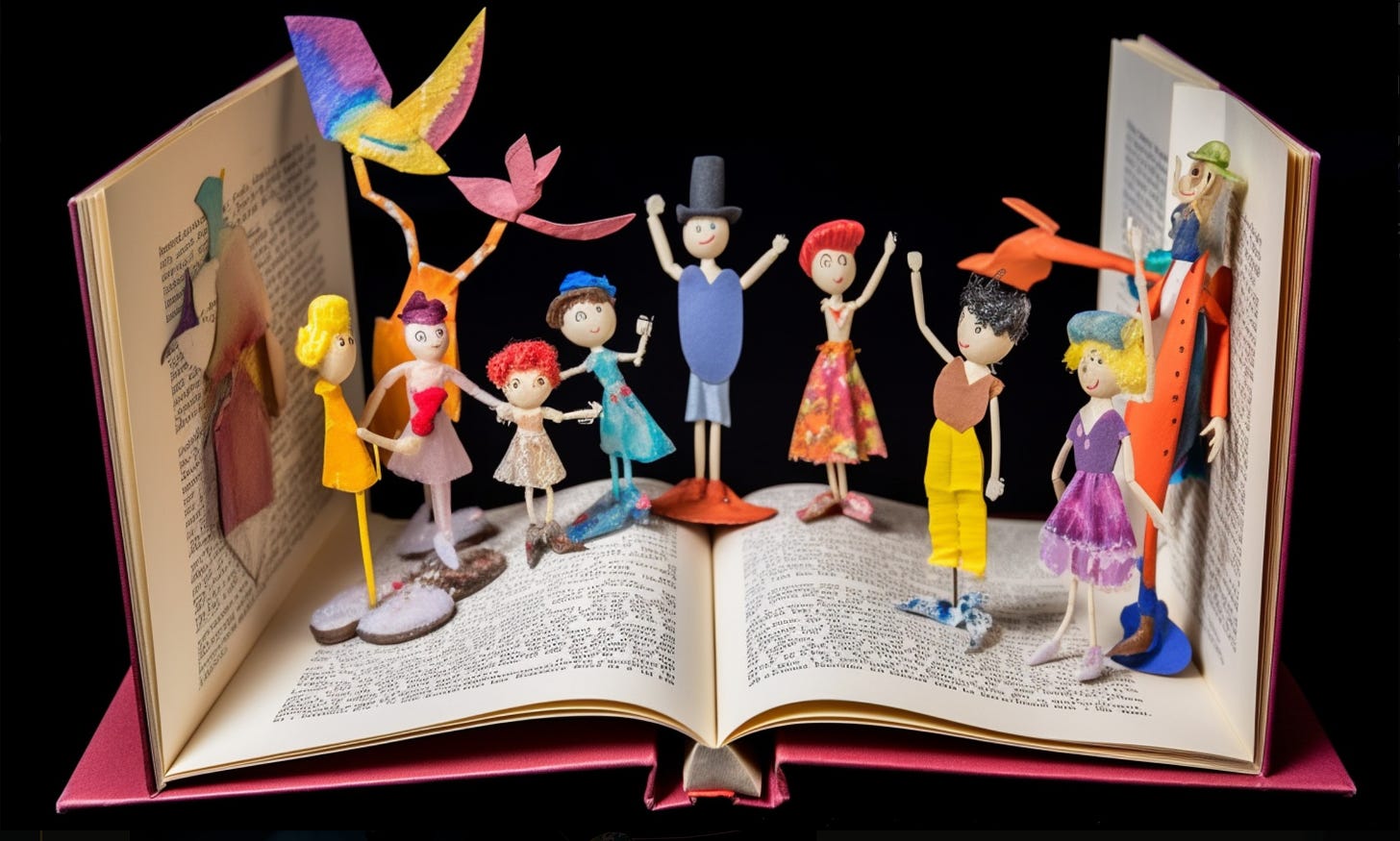 Paper puppet theatre, characters stepping out of the pages of a thick book with many pages