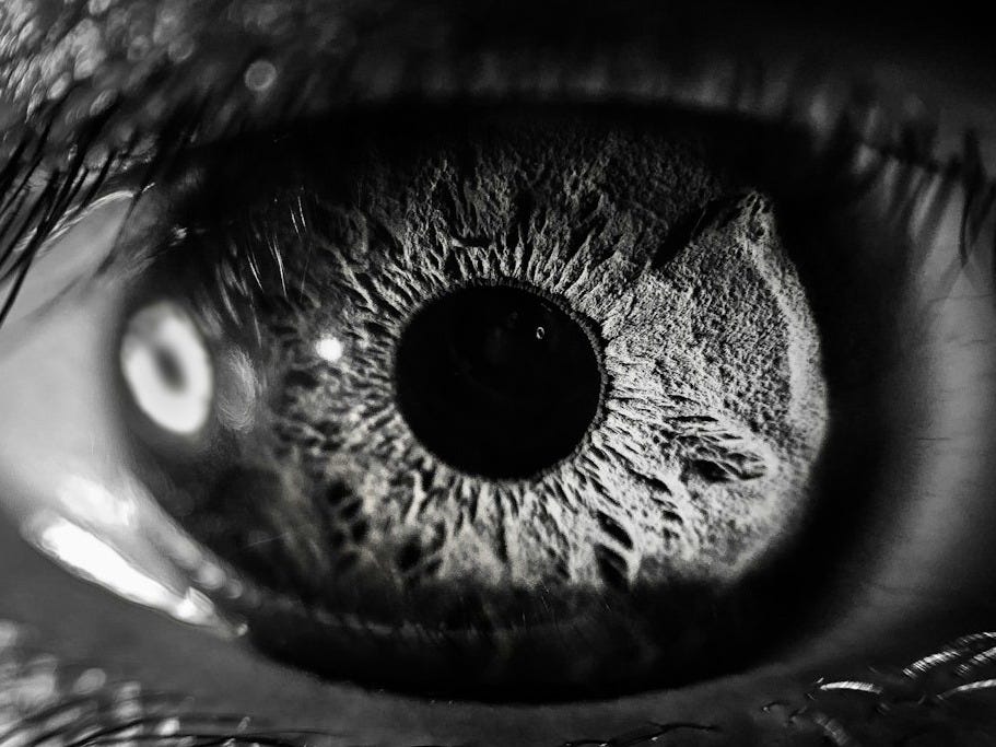 grayscale photography of person's eye