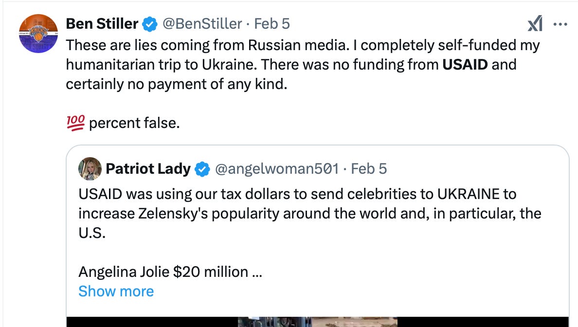 The actor Ben Stiller pointing out a lie in a claim he was paid millions by USAID.