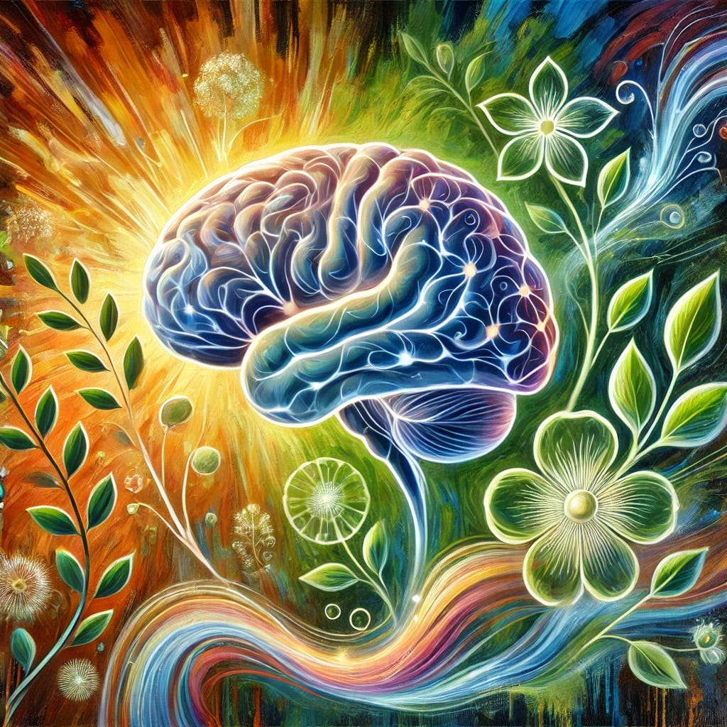 A visually striking oil painting featuring a human brain and endocrine system interwoven with natural elements to symbolize holistic health and healing. The brain is depicted with soft glowing neural connections, and its outline transitions into swirling leaves and delicate flowers, representing the interplay between hormones and wellness. Rich green foliage, warm sunlight hues, and gentle blue tones create a calming and healing atmosphere. Flowing energy lines in vibrant colors weave through the composition, connecting the brain to the natural world. The style has bold brush strokes and vivid contrasts, reminiscent of expressive oil painting.