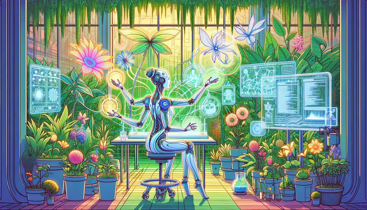 A colorful digital artwork depicting a humanoid robot named Iris, surrounded by lush plants in a high-tech laboratory, performing multiple tasks with elegant robotic arms.