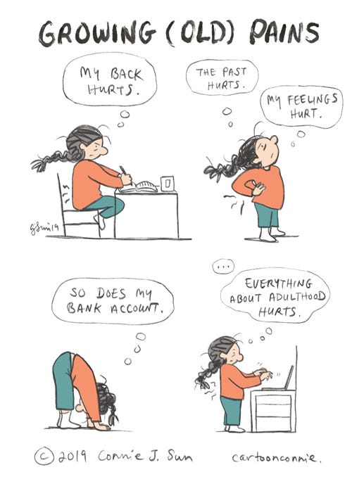 humor, comics, back pain, cartoon, connie sun, sketchbook, cartoonconnie, illustration