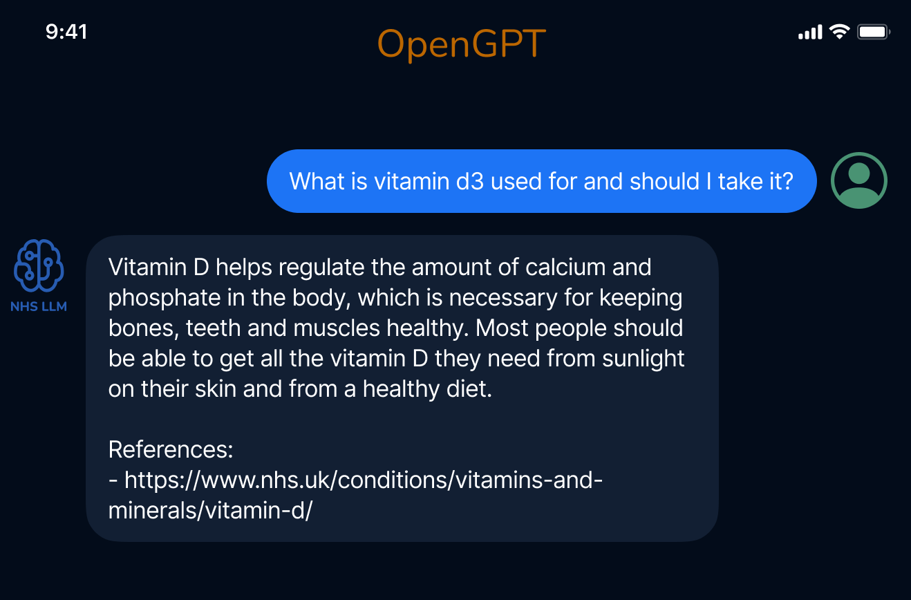 OpenGPT and NHS-LLM: An example where NHS-LLM answers a question on vitamin d3 ussage