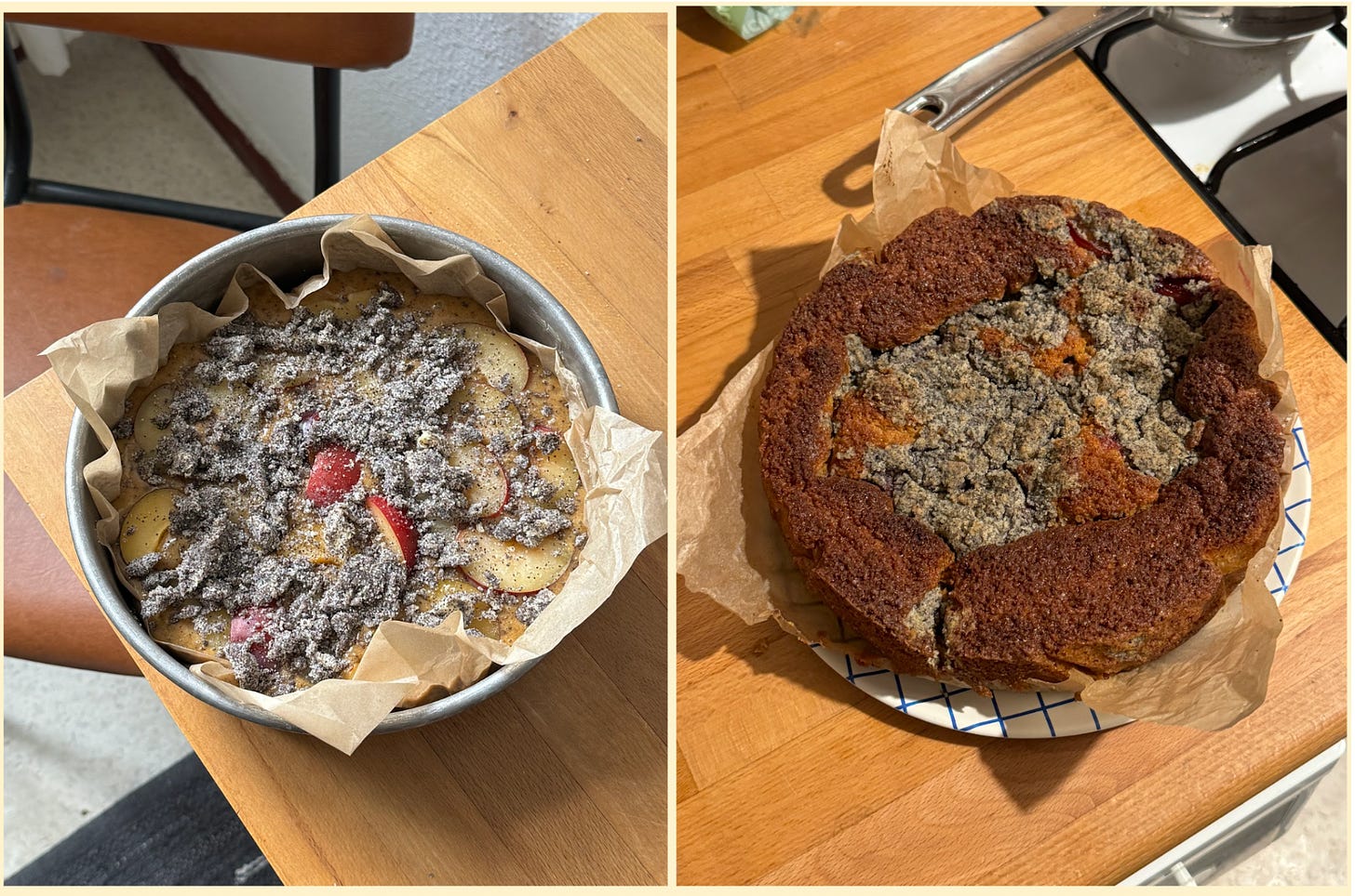 Before and after images of a cake in a tin on a wooden counter top.