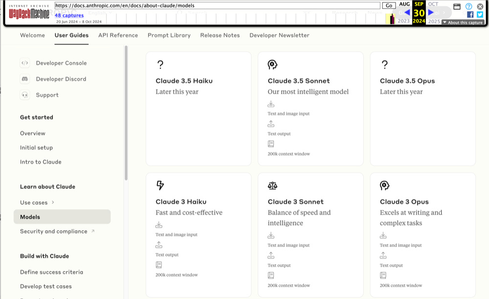 Internet Archive capture of the Claude models page - shows both Claude 3.5 Haiku and Claude 3.5 Opus as Later this year