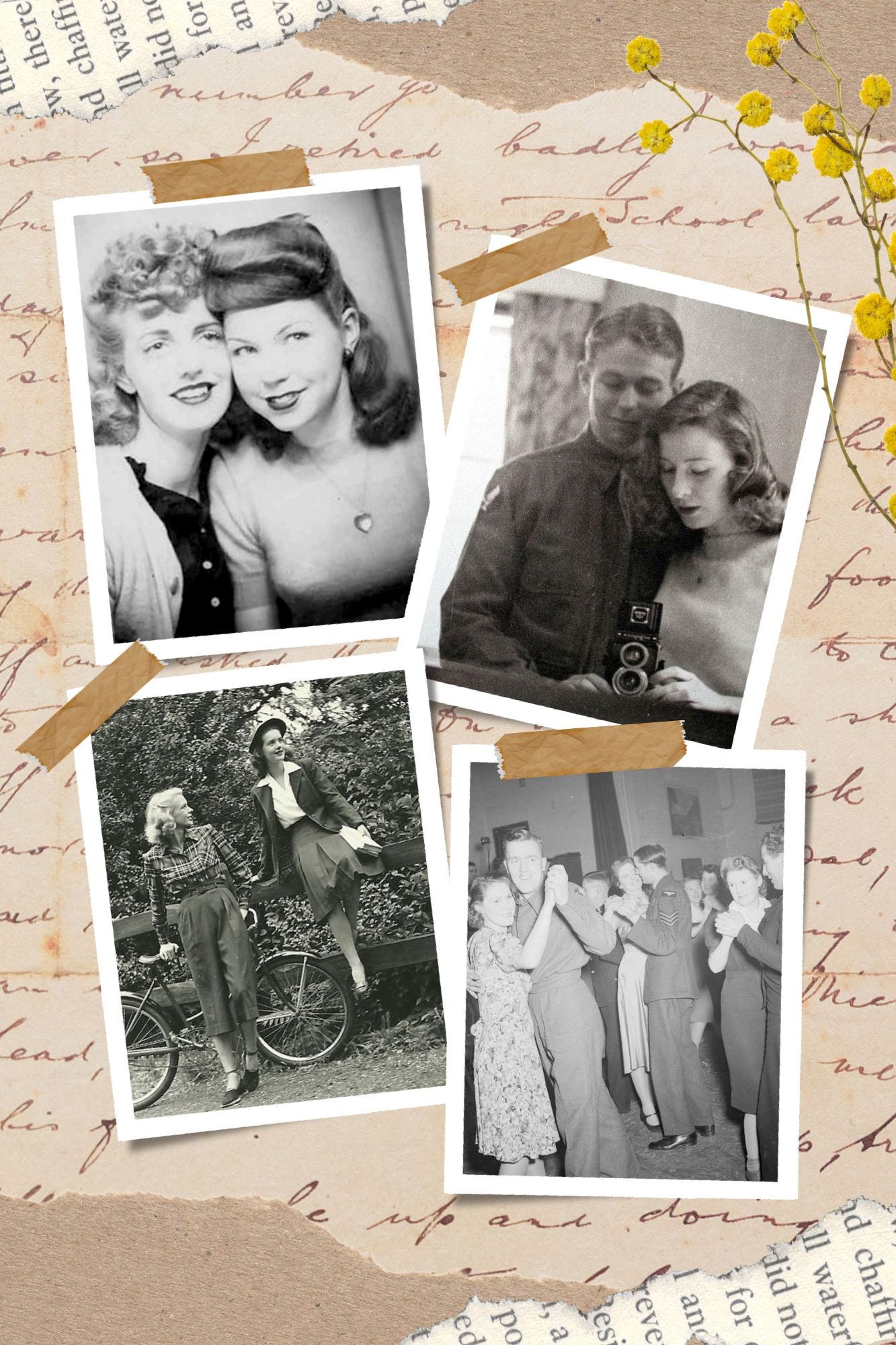 Black and white images of people from the 1940s on a background of handwritten letters