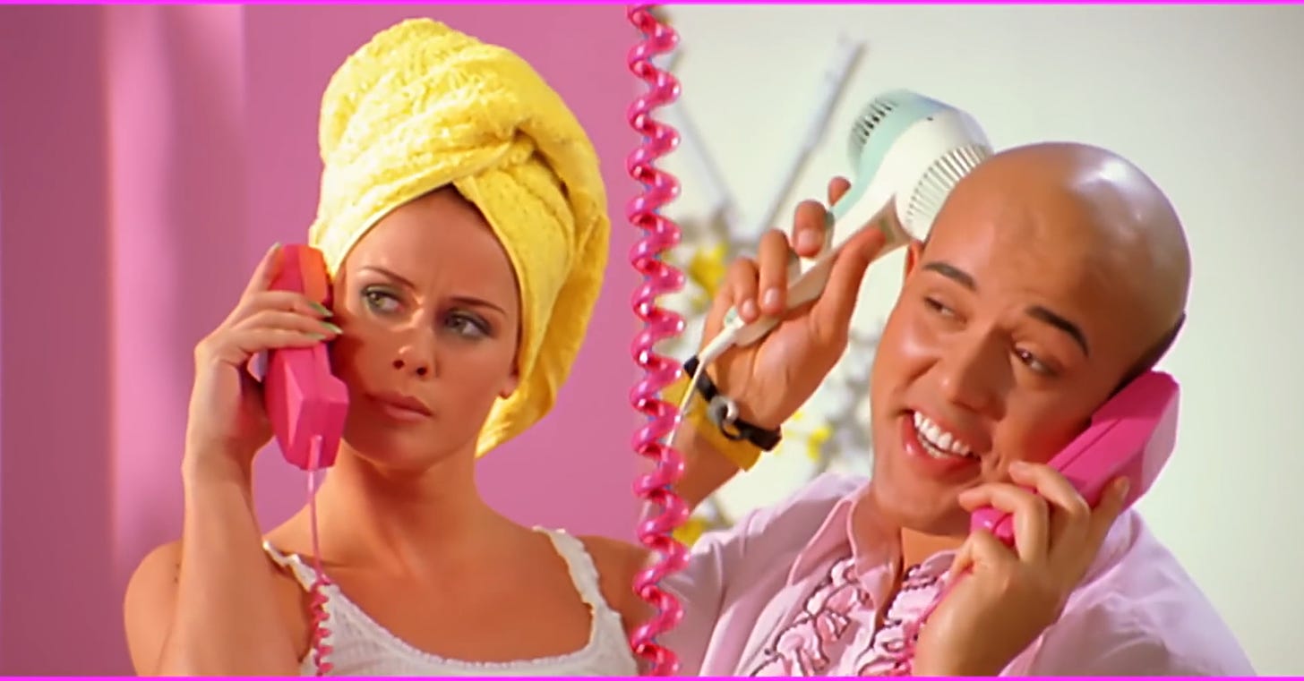 Still from the music video for Aqua's "Barbie Girl": Barbie and Ken on the phone