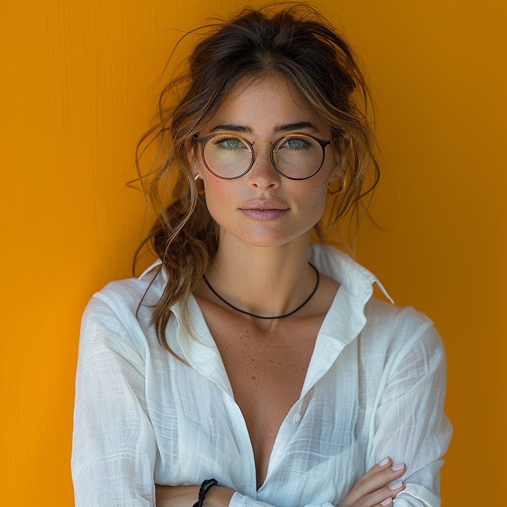pretty woman, half body visible, with glasses, with arms crossed in front of her body, looking serious and determined, a studio shot, vivid bright contrasting colors, studio shot, vivid contrasting colors, single flat background