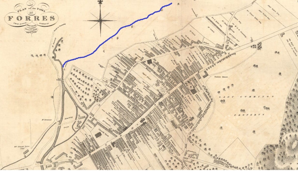 832 town plan of Forres by John Wood, showing the possible earlier eastwards course of the Mosset Burn in dark blue.