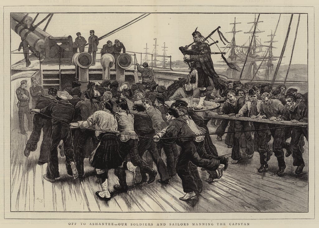 Sailors at the capstan accompanied by a bagpiper (1873 magazine illustration)