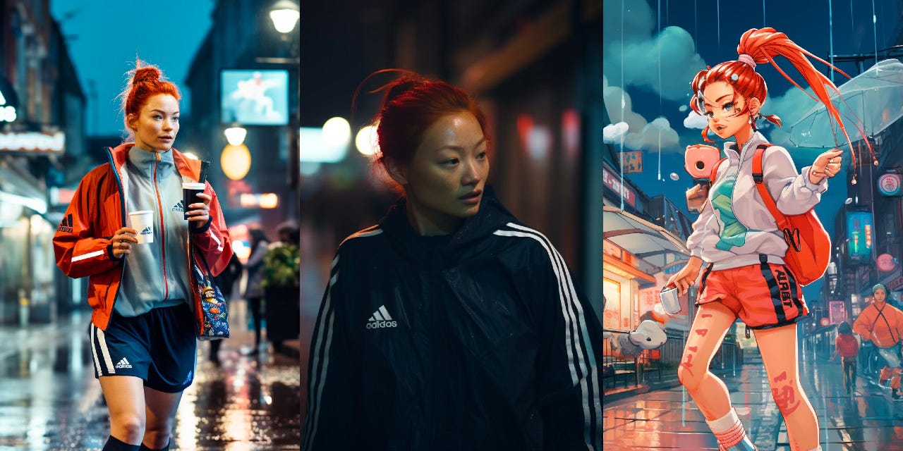 Side by side comparison of three images of a Japanese woman wearing Adidas in a street at night, in different styles