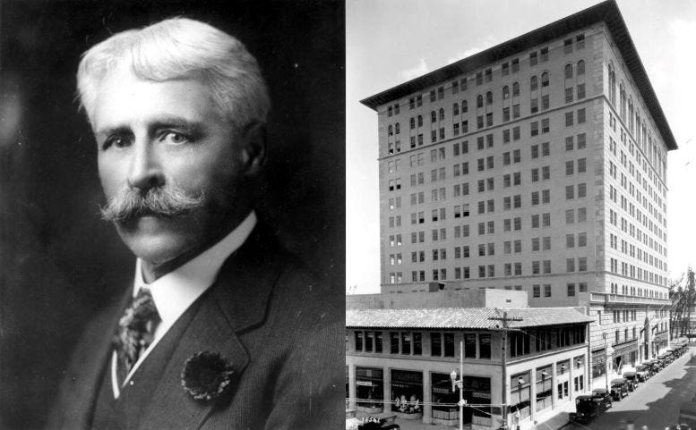 Figure 1: Portrait of James Ingraham to the left and the Ingraham Building in 1927 on the right. Courtesy of Florida State Archives.