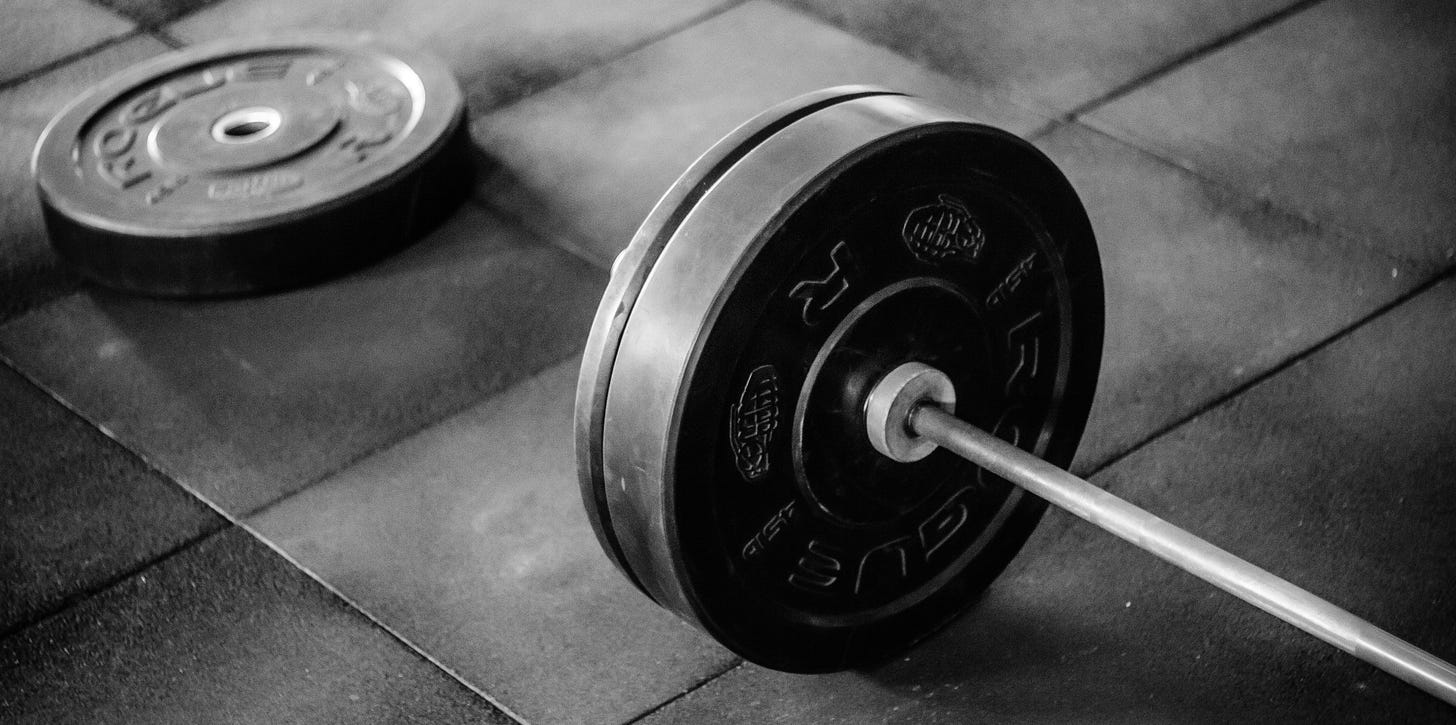 barbell with weights on a mat