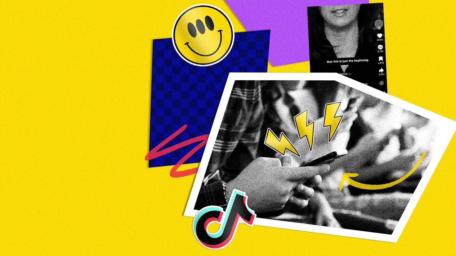 Illustration of teens on smartphones collaged with smiley and TikTok stickers and a screenshot of a TikTok video.